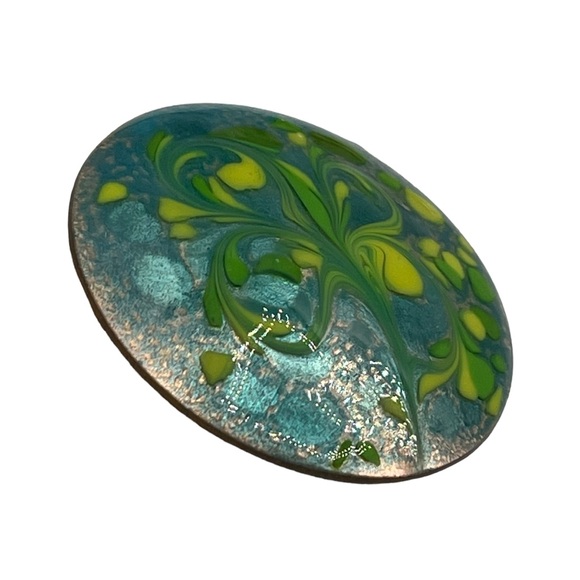 Vintage MCM Inga Green Yellow Abstract Flower Enamel on Copper Round Brooch Pin - Picture 4 of 7